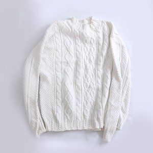 Vintage White Chunky Cable Knit Sweater, Size Large mock turtleneck